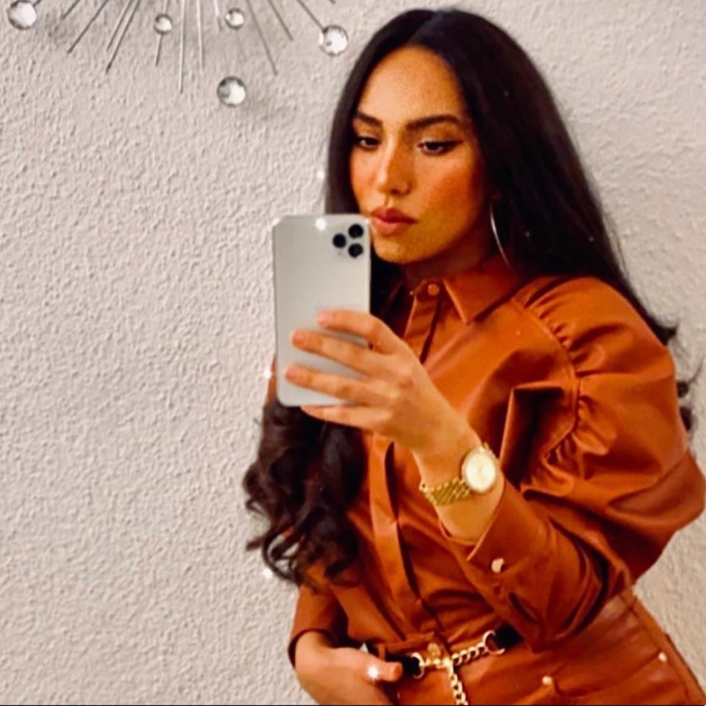 ZARA blogger tan leather puff sleeve button shirt - Picture 5 of 6
